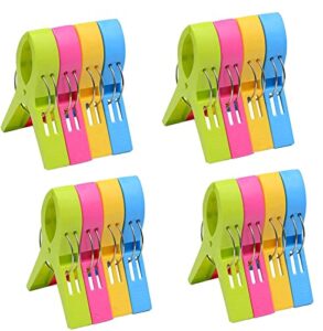 beach towel clips for beach chairs, 16 pcs 4.7 inch 4 colour plastic large clothespin towel clips for chairs, beach accessories for vacation must haves (blue, green, yellow, hot pink 16pcs 4.7'')