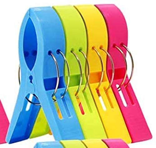 Beach Towel Clips for Beach Chairs, 16 Pcs 4.7 Inch 4 Colour Plastic Large Clothespin Towel Clips for Chairs, Beach Accessories for Vacation Must Haves (Blue, Green, Yellow, Hot Pink 16pcs 4.7'')