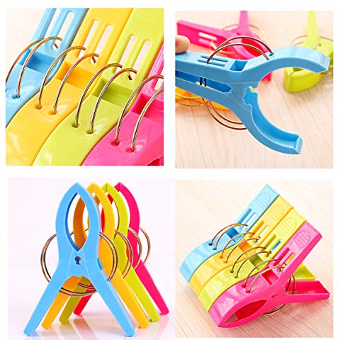 Beach Towel Clips for Beach Chairs, 16 Pcs 4.7 Inch 4 Colour Plastic Large Clothespin Towel Clips for Chairs, Beach Accessories for Vacation Must Haves (Blue, Green, Yellow, Hot Pink 16pcs 4.7'')