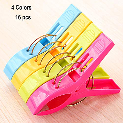Beach Towel Clips for Beach Chairs, 16 Pcs 4.7 Inch 4 Colour Plastic Large Clothespin Towel Clips for Chairs, Beach Accessories for Vacation Must Haves (Blue, Green, Yellow, Hot Pink 16pcs 4.7'')