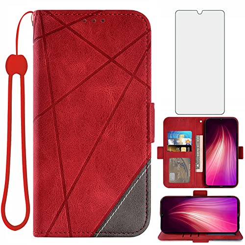 Asuwish Compatible with Xiaomi Redmi Note 8 Wallet Case and Tempered Glass Screen Protector Lanyard Leather Flip Magnetic Card Holder Stand Cell Accessories Phone Cover for Redme Note8 Women Men Red