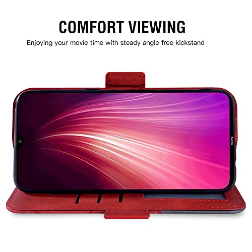 Asuwish Compatible with Xiaomi Redmi Note 8 Wallet Case and Tempered Glass Screen Protector Lanyard Leather Flip Magnetic Card Holder Stand Cell Accessories Phone Cover for Redme Note8 Women Men Red