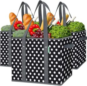 flipzon 3 pack reusable grocery shopping bags foldable washable storage baskets bins box for groceries(b-w)