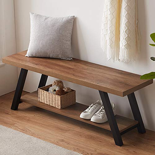 LVB Industrial Entryway Bench, Wood and Metal Storage Bench for Living Dining Room, Farmhouse Indoor Entry Way Shoe Benches Seat, Rustic Oak, 47 Inch Long