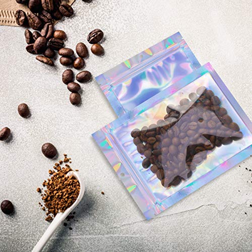 200pcs 3"X 4" (storage size 2.6X2.6 '') Smell Proof Resealable Mylar Bags Food Storage Holographic Bags Foil Pouch Double-Sided Zipper lock Bag