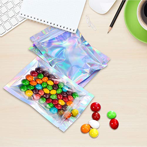 200pcs 3"X 4" (storage size 2.6X2.6 '') Smell Proof Resealable Mylar Bags Food Storage Holographic Bags Foil Pouch Double-Sided Zipper lock Bag