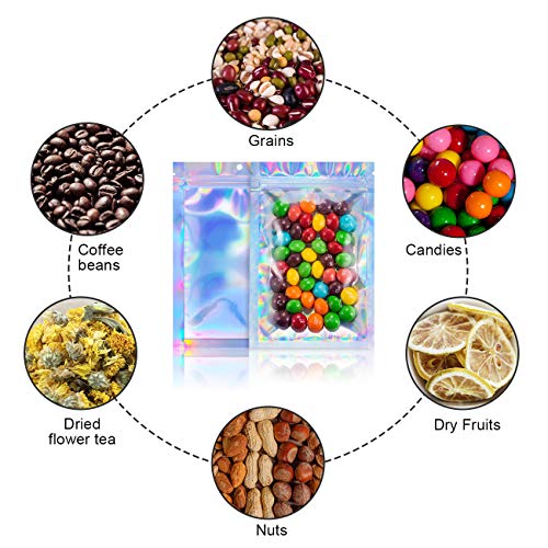 200pcs 3"X 4" (storage size 2.6X2.6 '') Smell Proof Resealable Mylar Bags Food Storage Holographic Bags Foil Pouch Double-Sided Zipper lock Bag