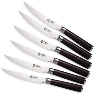 yarenh 6-piece steak knife set with 5-inch sharp blades,non-serrated,made of german high-carbon stainless steel,and black pakkawood handles,fruit paring knife set