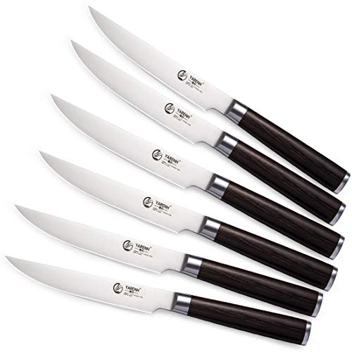 YARENH 6-Piece Steak Knife Set with 5-inch Sharp Blades,Non-Serrated,Made of German High-Carbon Stainless Steel,and Black Pakkawood Handles,Fruit Paring Knife Set