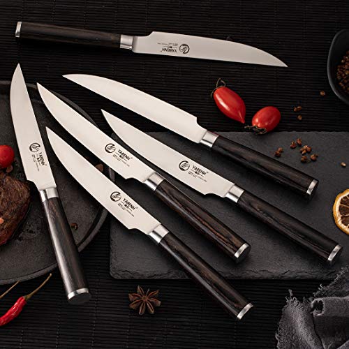 YARENH 6-Piece Steak Knife Set with 5-inch Sharp Blades,Non-Serrated,Made of German High-Carbon Stainless Steel,and Black Pakkawood Handles,Fruit Paring Knife Set