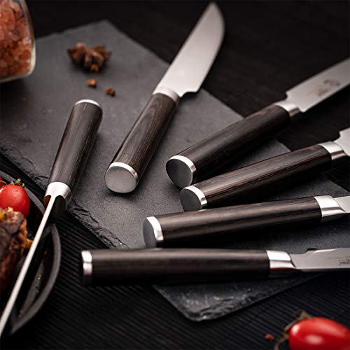 YARENH 6-Piece Steak Knife Set with 5-inch Sharp Blades,Non-Serrated,Made of German High-Carbon Stainless Steel,and Black Pakkawood Handles,Fruit Paring Knife Set