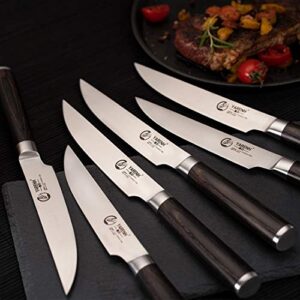 YARENH 6-Piece Steak Knife Set with 5-inch Sharp Blades,Non-Serrated,Made of German High-Carbon Stainless Steel,and Black Pakkawood Handles,Fruit Paring Knife Set