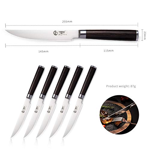YARENH 6-Piece Steak Knife Set with 5-inch Sharp Blades,Non-Serrated,Made of German High-Carbon Stainless Steel,and Black Pakkawood Handles,Fruit Paring Knife Set