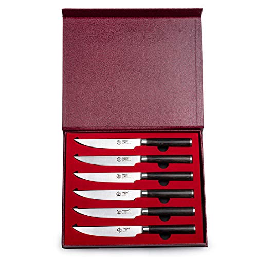 YARENH 6-Piece Steak Knife Set with 5-inch Sharp Blades,Non-Serrated,Made of German High-Carbon Stainless Steel,and Black Pakkawood Handles,Fruit Paring Knife Set