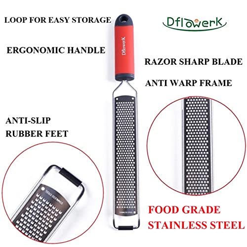 DflowerK Lemon Zester Cheese Grater Razor Sharp Stainless Steel Blade with Protective Cover Great for Lemon Parmesan Cheese Chocolate Nutmeg Garlic Ginger(Red)