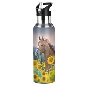 alaza sunflower horse water bottle with straw lid kids vacuum insulated stainless steel bpa free water flask thermo mug sport, 20 oz hot cold
