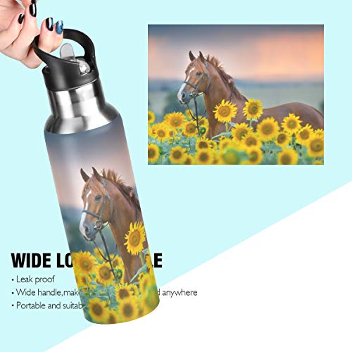 ALAZA Sunflower Horse Water Bottle with Straw Lid Kids Vacuum Insulated Stainless Steel BPA Free Water Flask Thermo Mug Sport, 20 Oz Hot Cold
