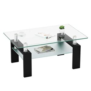 ianiya coffee table with metal tube legs, glass and rectangle end table for livingroom (black)