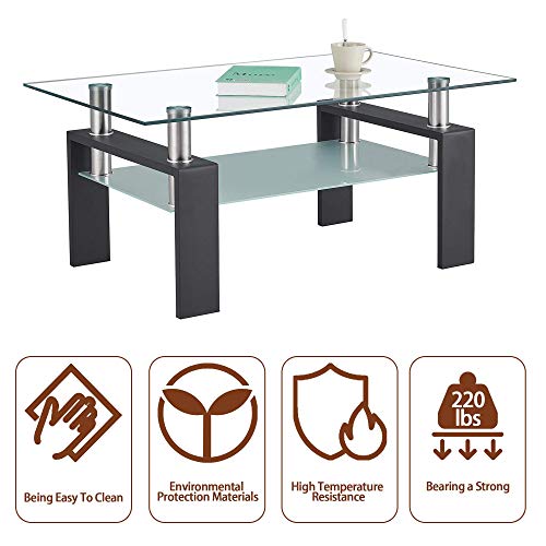 IANIYA Coffee Table with Metal Tube Legs, Glass and Rectangle End Table for Livingroom (Black)