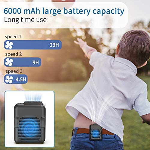 Koonie Portable Waist Fan, Strong Airflow 23H Working Time Hands-free Necklace Fan, Battery Powered 3-Speed Personal Fan 6000mAh for T-shirts, Jacket, Clothes, Fishing, Gardening, Climbing, Cycling