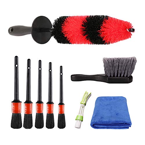 SPTA 9Pcs Wheel & Tire Brush Car Detailing kit, Easy Reach Wheel and Rim Brush, 5pcs Detailing Brushes, Short Handle Cleaning Brush, 1pc Microfiber Cleaning Cloth, Great to Clean Dirty Tires