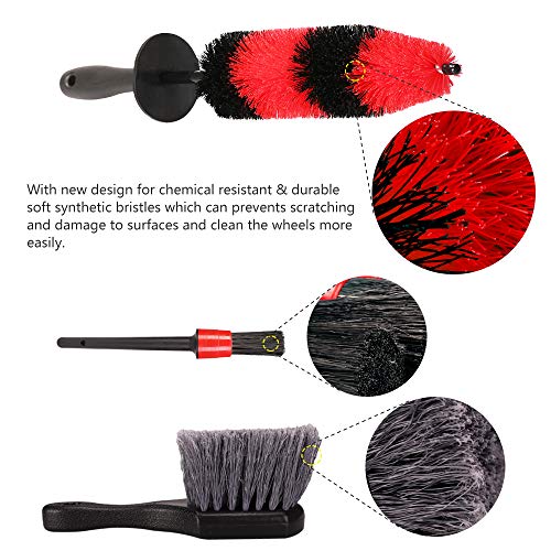 SPTA 9Pcs Wheel & Tire Brush Car Detailing kit, Easy Reach Wheel and Rim Brush, 5pcs Detailing Brushes, Short Handle Cleaning Brush, 1pc Microfiber Cleaning Cloth, Great to Clean Dirty Tires