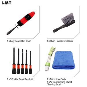 SPTA 9Pcs Wheel & Tire Brush Car Detailing kit, Easy Reach Wheel and Rim Brush, 5pcs Detailing Brushes, Short Handle Cleaning Brush, 1pc Microfiber Cleaning Cloth, Great to Clean Dirty Tires