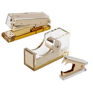 exputran acrylic & gold office supplies set, acrylic stapler, tape dispenser, staple remover, desk accessory for the office or home