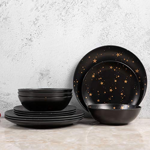 Melamine Dinnerware Sets for 4,12 Piece Plates and Bowls Sets - BPA Free, Dishwasher Safe, Outdoor Indoor Use,Star Pattern