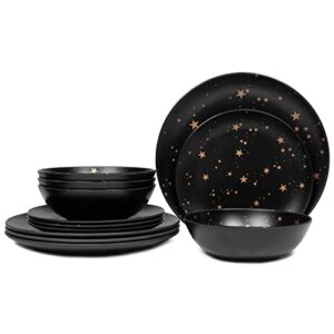 Melamine Dinnerware Sets for 4,12 Piece Plates and Bowls Sets - BPA Free, Dishwasher Safe, Outdoor Indoor Use,Star Pattern