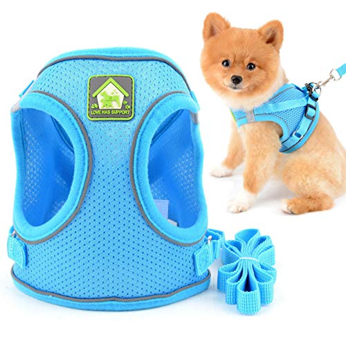 SMALLLEE_LUCKY_STORE Comfort Puppy Harness and Leash,Soft Mesh Step-in Harness for Small Medium Dogs Cat Reflective Safe Walking,Blue,Size M