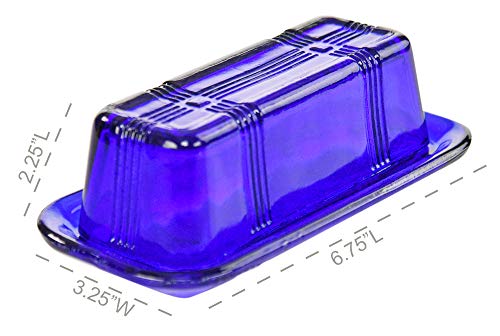 Home-X Glass Butter Dish with Lid - Vintage Style Butter Keeper for Countertop, Retro Butter Container with Cover, Dishwasher Safe Butter Holder, 6 3/4" L x 3 1/4" W x 2 1/2" H, Blue