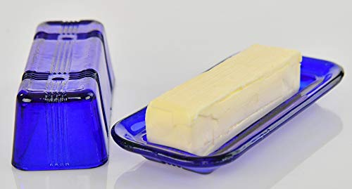 Home-X Glass Butter Dish with Lid - Vintage Style Butter Keeper for Countertop, Retro Butter Container with Cover, Dishwasher Safe Butter Holder, 6 3/4" L x 3 1/4" W x 2 1/2" H, Blue