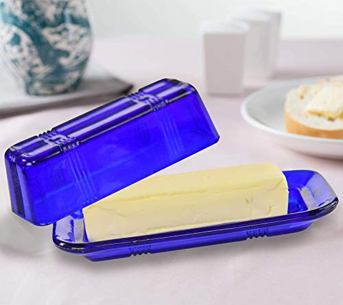 Home-X Glass Butter Dish with Lid - Vintage Style Butter Keeper for Countertop, Retro Butter Container with Cover, Dishwasher Safe Butter Holder, 6 3/4" L x 3 1/4" W x 2 1/2" H, Blue