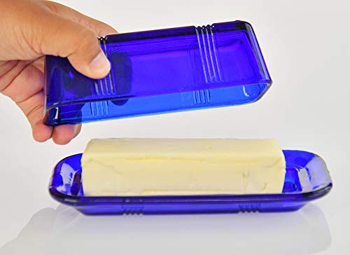 Home-X Glass Butter Dish with Lid - Vintage Style Butter Keeper for Countertop, Retro Butter Container with Cover, Dishwasher Safe Butter Holder, 6 3/4" L x 3 1/4" W x 2 1/2" H, Blue