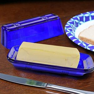 Home-X Glass Butter Dish with Lid - Vintage Style Butter Keeper for Countertop, Retro Butter Container with Cover, Dishwasher Safe Butter Holder, 6 3/4" L x 3 1/4" W x 2 1/2" H, Blue