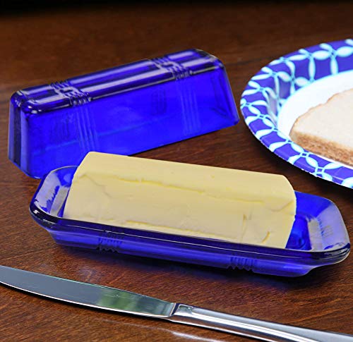 Home-X Glass Butter Dish with Lid - Vintage Style Butter Keeper for Countertop, Retro Butter Container with Cover, Dishwasher Safe Butter Holder, 6 3/4" L x 3 1/4" W x 2 1/2" H, Blue