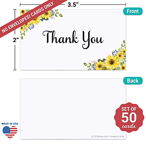 321Done Thank You Notecards Small (Set of 50) Business Card Size 3.5" x 2" - Sunflowers on White - For Gifts, Parties, Weddings, Small Home Business, and Any Occasion- Made in USA - Floral