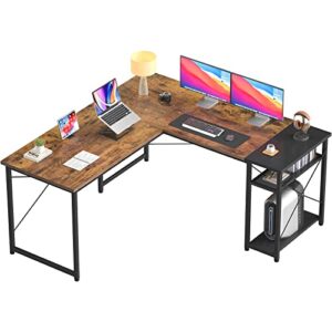 foxemart l-shaped computer desk, industrial corner desk writing study table with storage shelves, space-saving, large gaming desk 2 person table for home office workstation, rustic brown/black