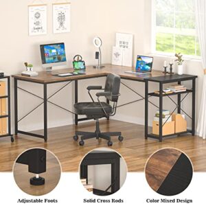 Foxemart L-Shaped Computer Desk, Industrial Corner Desk Writing Study Table with Storage Shelves, Space-Saving, Large Gaming Desk 2 Person Table for Home Office Workstation, Rustic Brown/Black
