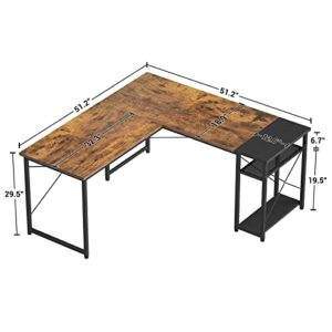 Foxemart L-Shaped Computer Desk, Industrial Corner Desk Writing Study Table with Storage Shelves, Space-Saving, Large Gaming Desk 2 Person Table for Home Office Workstation, Rustic Brown/Black