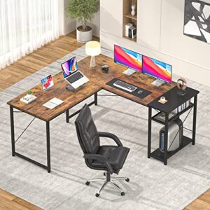 Foxemart L-Shaped Computer Desk, Industrial Corner Desk Writing Study Table with Storage Shelves, Space-Saving, Large Gaming Desk 2 Person Table for Home Office Workstation, Rustic Brown/Black