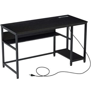 rolanstar computer desk 55” with power outlet & storage shelves, home office pc desk with usb ports charging station, writing study desktop table with stable metal frame, black