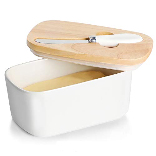 Large Ceramic Butter Dish for Countertop - Butter Keeper with High-Quality Silicone Sealing, Natural Wooden Lid and Stainless Steel Knife, Kitchen Decor and Accessories for Kitchen Gifts (White)