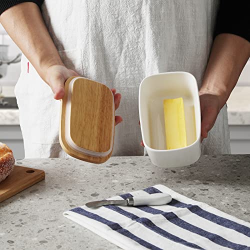 Large Ceramic Butter Dish for Countertop - Butter Keeper with High-Quality Silicone Sealing, Natural Wooden Lid and Stainless Steel Knife, Kitchen Decor and Accessories for Kitchen Gifts (White)