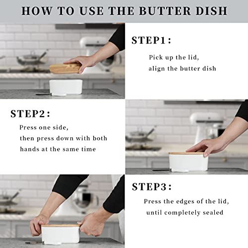 Large Ceramic Butter Dish for Countertop - Butter Keeper with High-Quality Silicone Sealing, Natural Wooden Lid and Stainless Steel Knife, Kitchen Decor and Accessories for Kitchen Gifts (White)