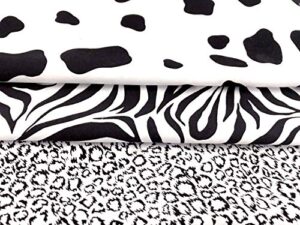 amornphan set of 3 black and white animal printed tc cotton fabric leopard zebra cow fat quarters for diy sewing crafts 18" x 22"