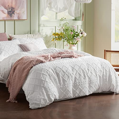 Bedsure Duvet Cover Queen Size - Queen Duvet Cover Set, Boho Bedding Queen for All Seasons, 3 Pieces Embroidery Shabby Chic Spring Bedding Duvet Covers (White, Queen, 90x90)