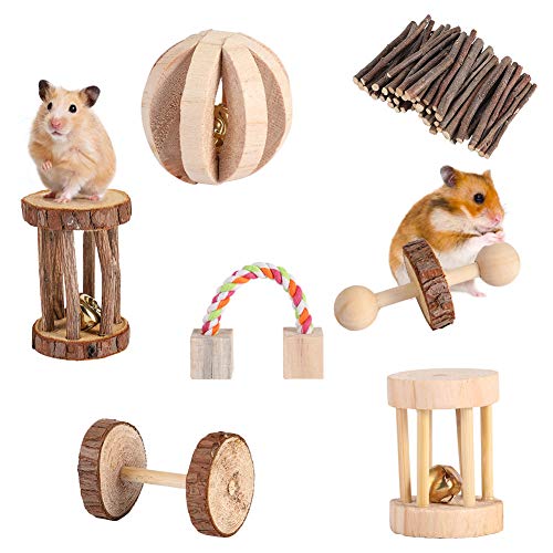 Hamster Toys, Natural Wooden Chew Playing Toy with Dumbbells Bell Roller Seesaw for Guinea Pig Chinchilla Parrot Rat Bunny to Playing and Protecting Teeth