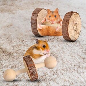 Hamster Toys, Natural Wooden Chew Playing Toy with Dumbbells Bell Roller Seesaw for Guinea Pig Chinchilla Parrot Rat Bunny to Playing and Protecting Teeth